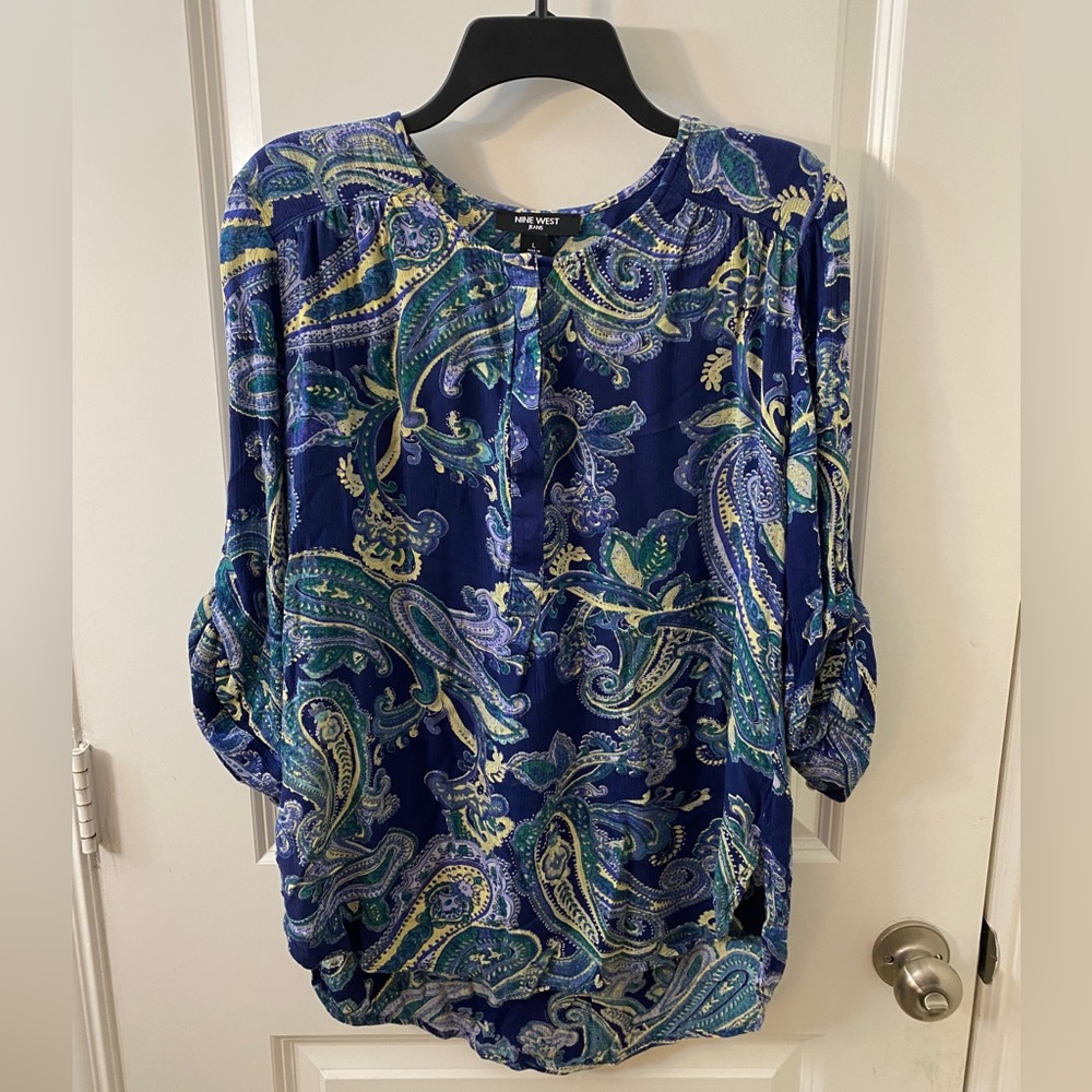 Nine West, Large Blue and Yellow Paisley Top